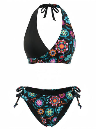40er Bikini-Set mit Neckholder und Blumen-Print in Multicolor