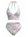 Rosa 60er Bikini-Set mit V-Ausschnitt und Neckholder