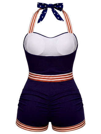 Marine Blau 1940er Halfter Stern & Streifen & Anker Patchwork Bademode