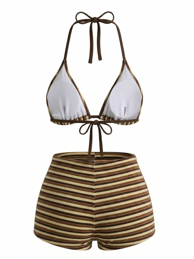 Braun 1950er Streifen Frottee Halter Bikini Set