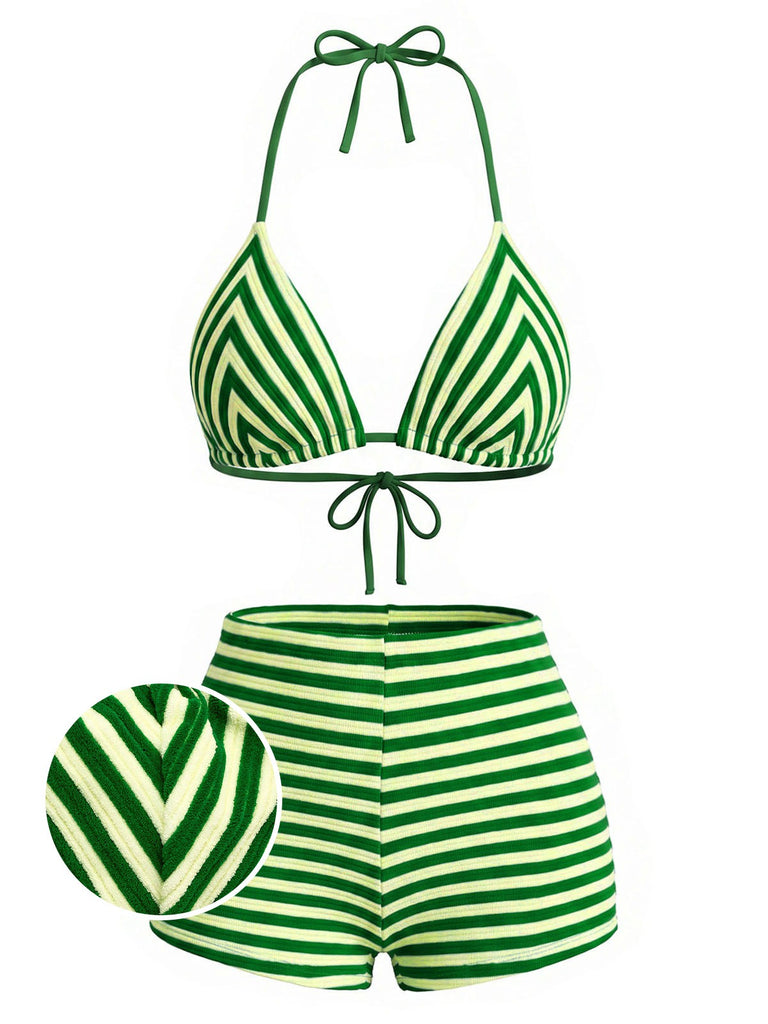 Grünes 50er Bikini-Set mit Neckholder und Streifen