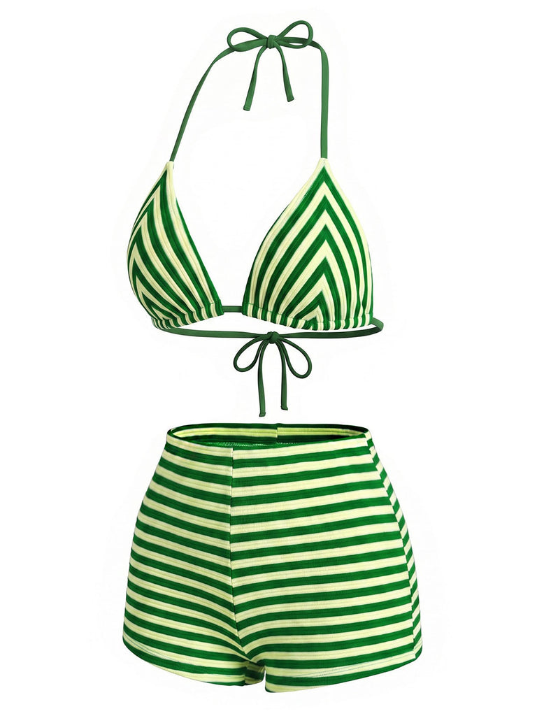 Grünes 50er Bikini-Set mit Neckholder und Streifen