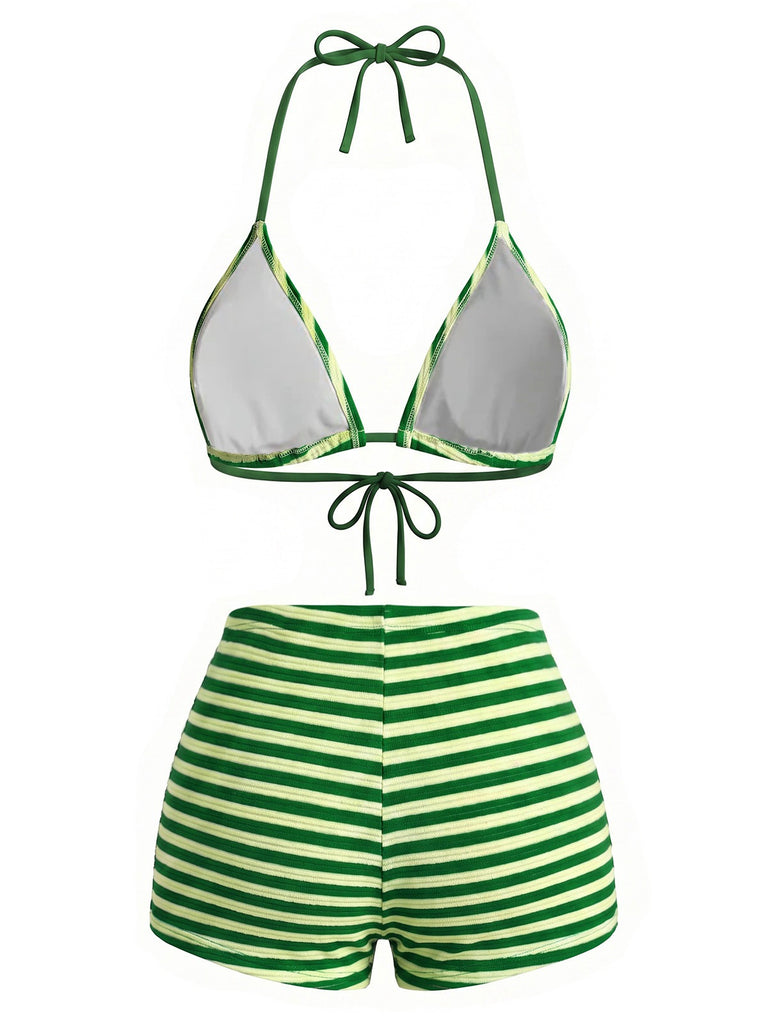 Grünes 50er Bikini-Set mit Neckholder und Streifen