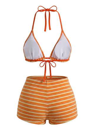 Orange 1950er Streifen Frottee Halter Bikini Set