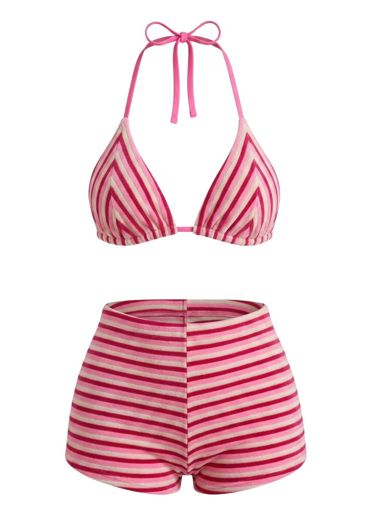 Braun 1950er Streifen Frottee Halter Bikini Set