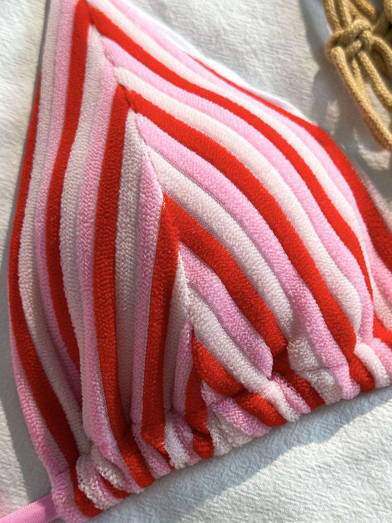 Braun 1950er Streifen Frottee Halter Bikini Set