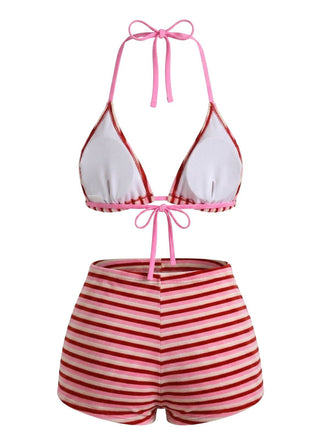 Rosa 1950er Streifen Frottee Halter Bikini Set