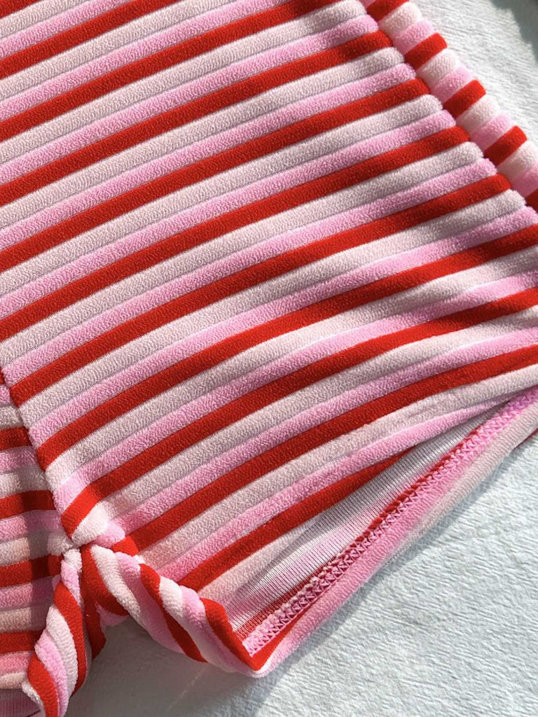 Braun 1950er Streifen Frottee Halter Bikini Set