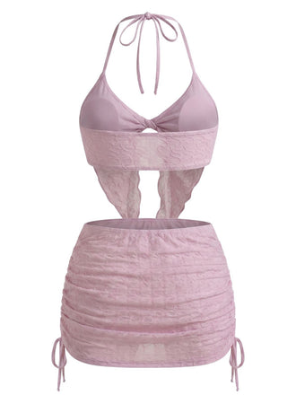 Rosa 1950er Halter Plissiertes Twist Bikini Set & Cover-Up