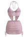 Rosa 1950er Halter Plissiertes Twist Bikini Set & Cover-Up