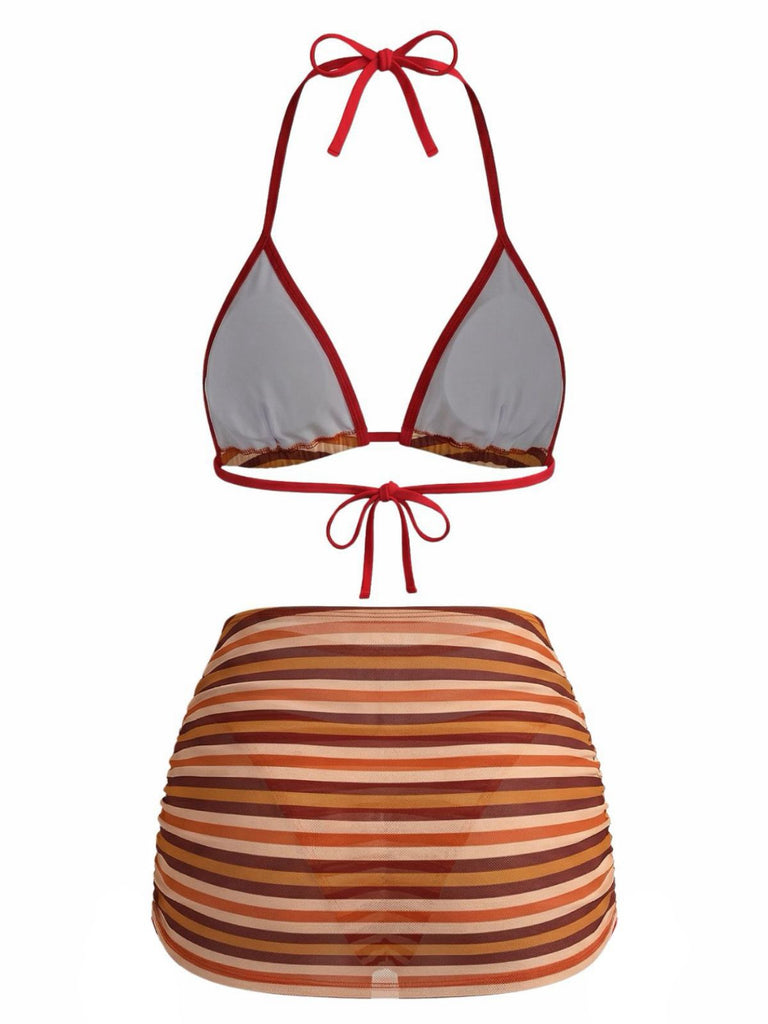 Braunes 60er Bikini-Set & Rüschenrock mit Streifen