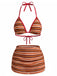 Braunes 60er Bikini-Set & Rüschenrock mit Streifen