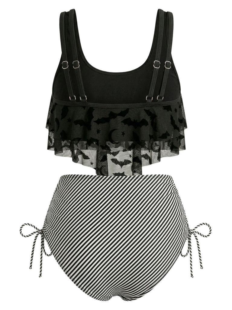 1970er Gothic Netz Streifen Fledermaus Print Tankini Set