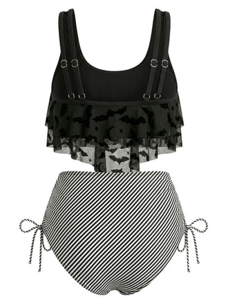 1970er Gothic Netz Streifen Fledermaus Print Tankini Set