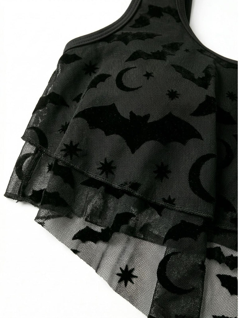 1970er Gothic Netz Streifen Fledermaus Print Tankini Set