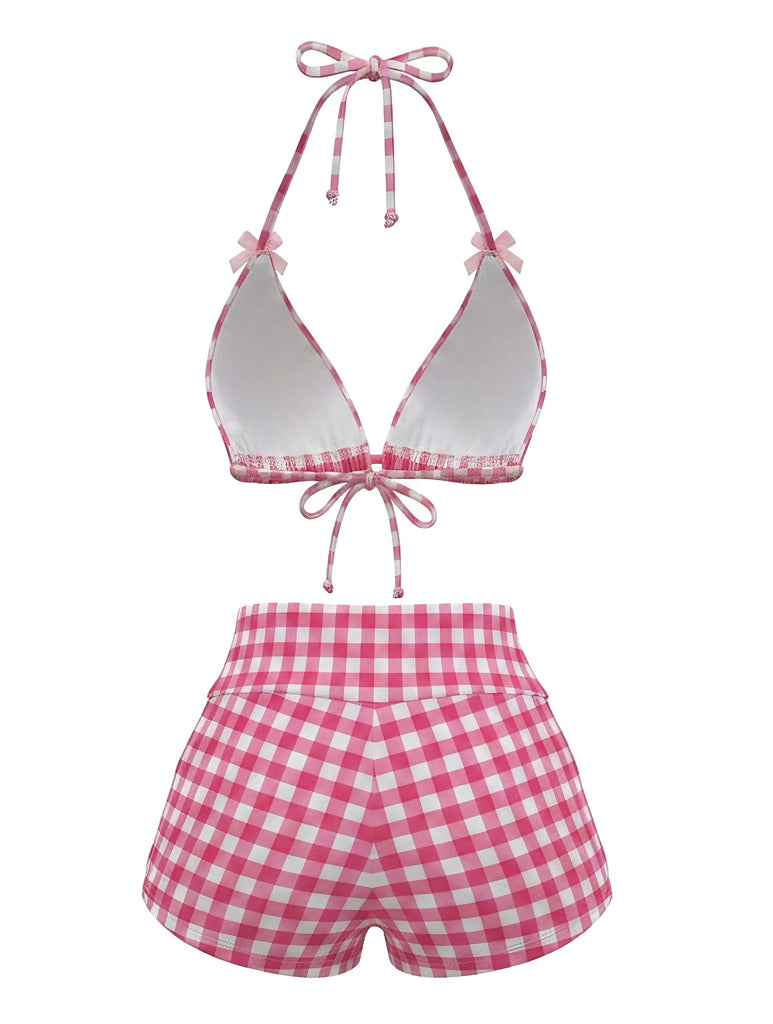 Rosa 80er Bikini-Set & Shorts mit Neckholder und Schleife