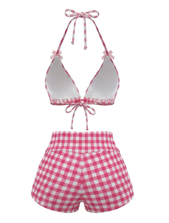 Rosa 80er Bikini-Set & Shorts mit Neckholder und Schleife