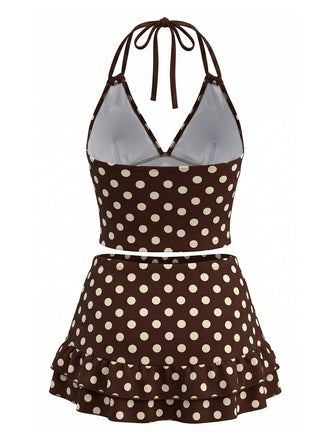 Brauner 50er Badeanzug mit Polka-Dots und Neckholder
