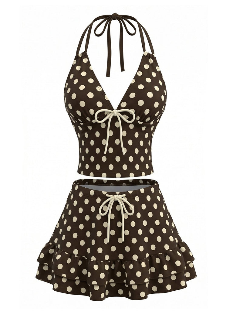 Braunes 50er Tankini-Set mit Polka-Dots und Neckholder