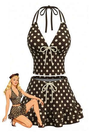 Braunes 50er Tankini-Set mit Polka-Dots und Neckholder