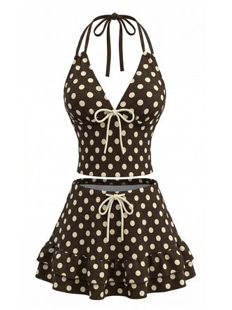 Braunes 50er Tankini-Set mit Polka-Dots und Neckholder