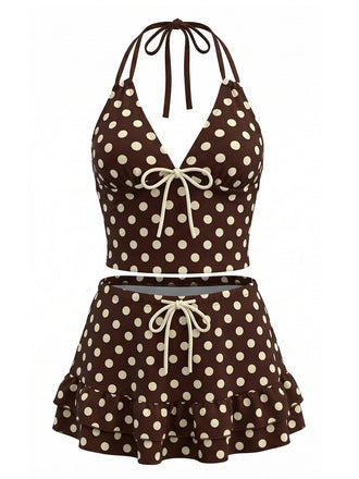 Brauner 50er Badeanzug mit Polka-Dots und Neckholder