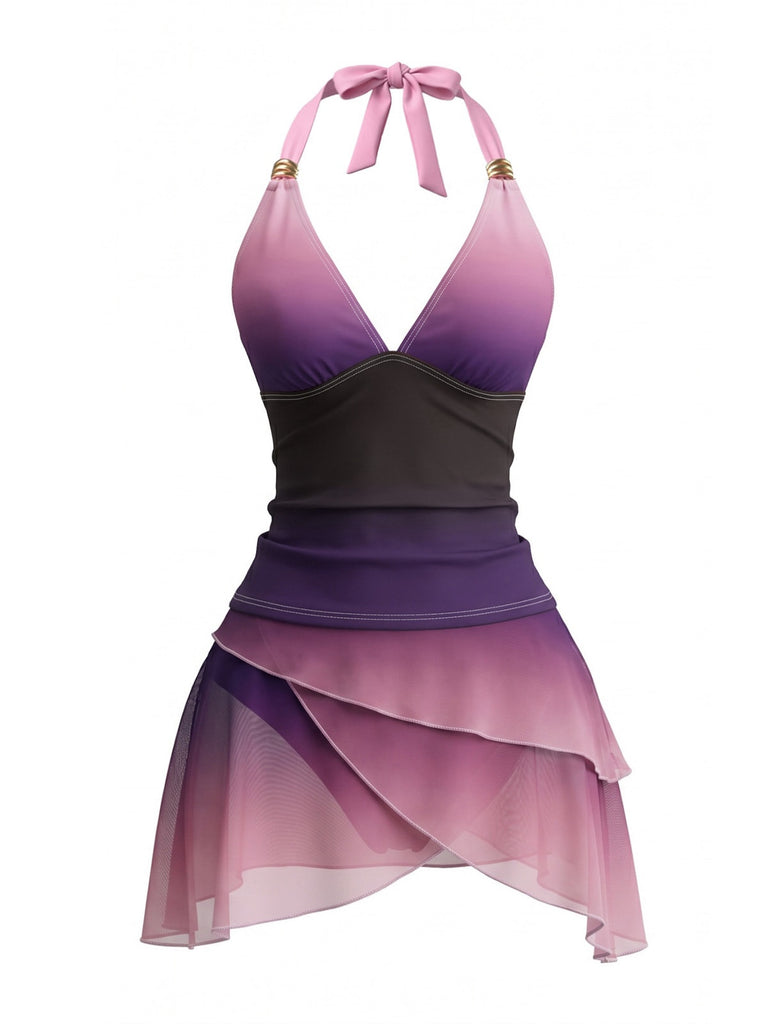 Lavendel 80er Tankini-Set mit Farbverlauf und Raffung