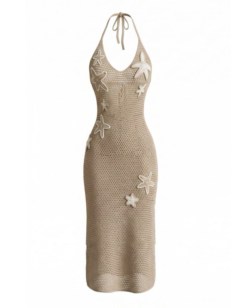 Khakies 50er Strick-Cover-Up Kleid mit V-Ausschnitt und Neckholder