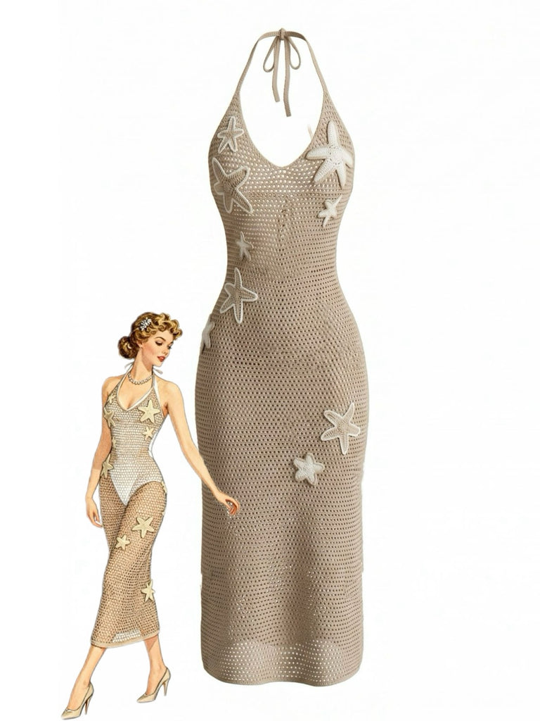 Khakies 50er Strick-Cover-Up Kleid mit V-Ausschnitt und Neckholder