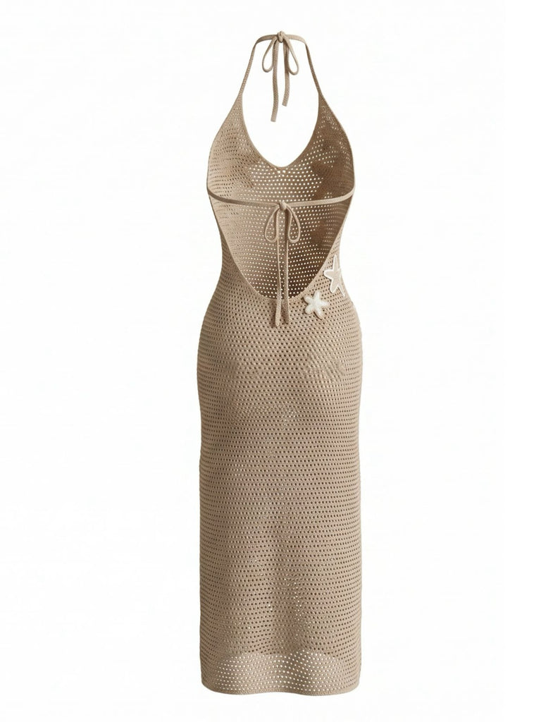 Khakies 50er Strick-Cover-Up Kleid mit V-Ausschnitt und Neckholder