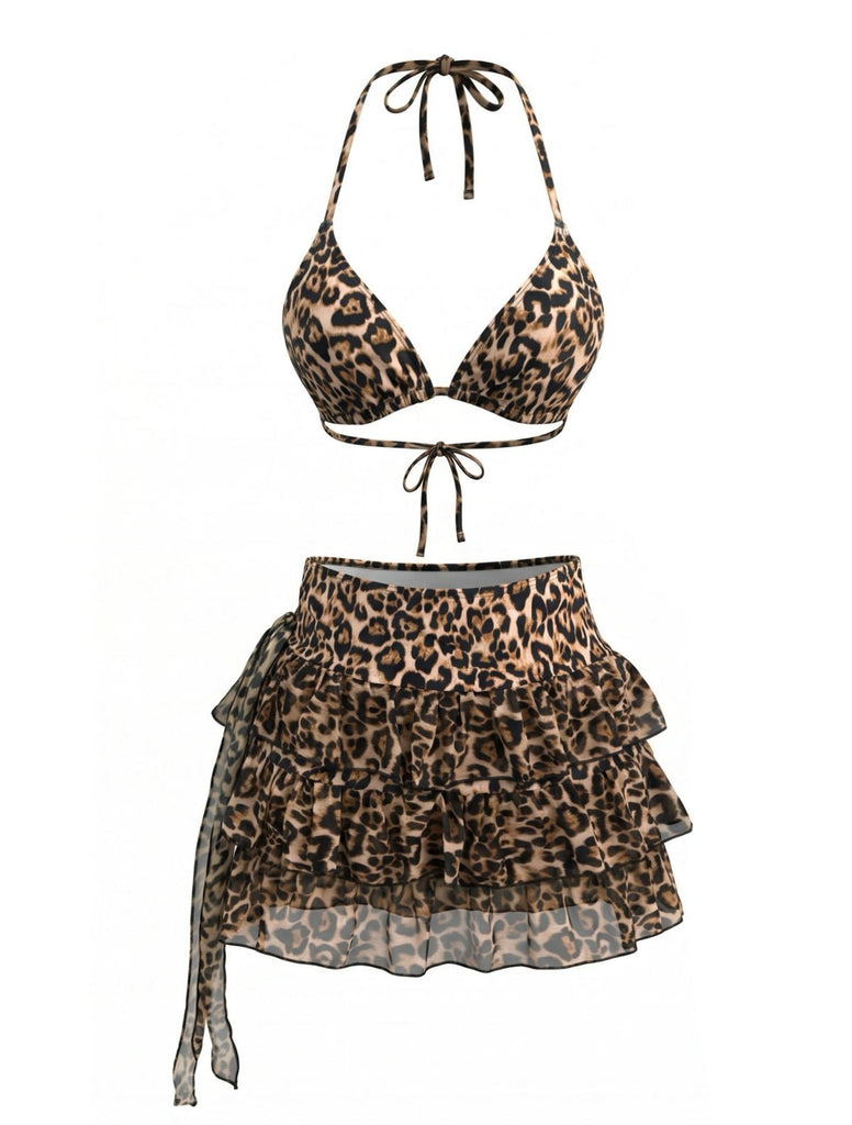 Leoparden-Printes 80er Bikini-Set & Cover-Up mit Plissee und Licht
