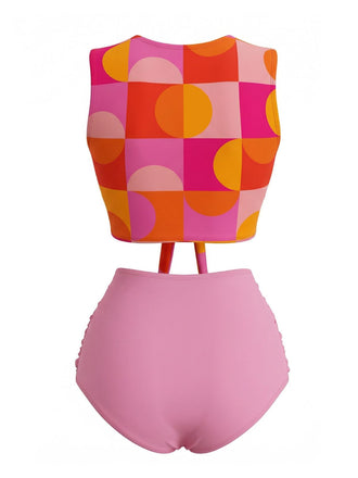 Orangefarbenes Tankini-Set mit geometrischem Muster im Stil der 1960er Jahre und hohem Bund