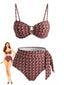 Braunes 40er Bikini-Set mit Ketten-Print und hoher Taille