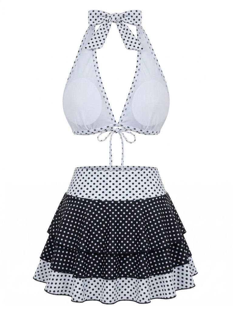 2-teiliges Schwarz 1940er Polka Dot Neckholder Bikini-Set & Überwurf