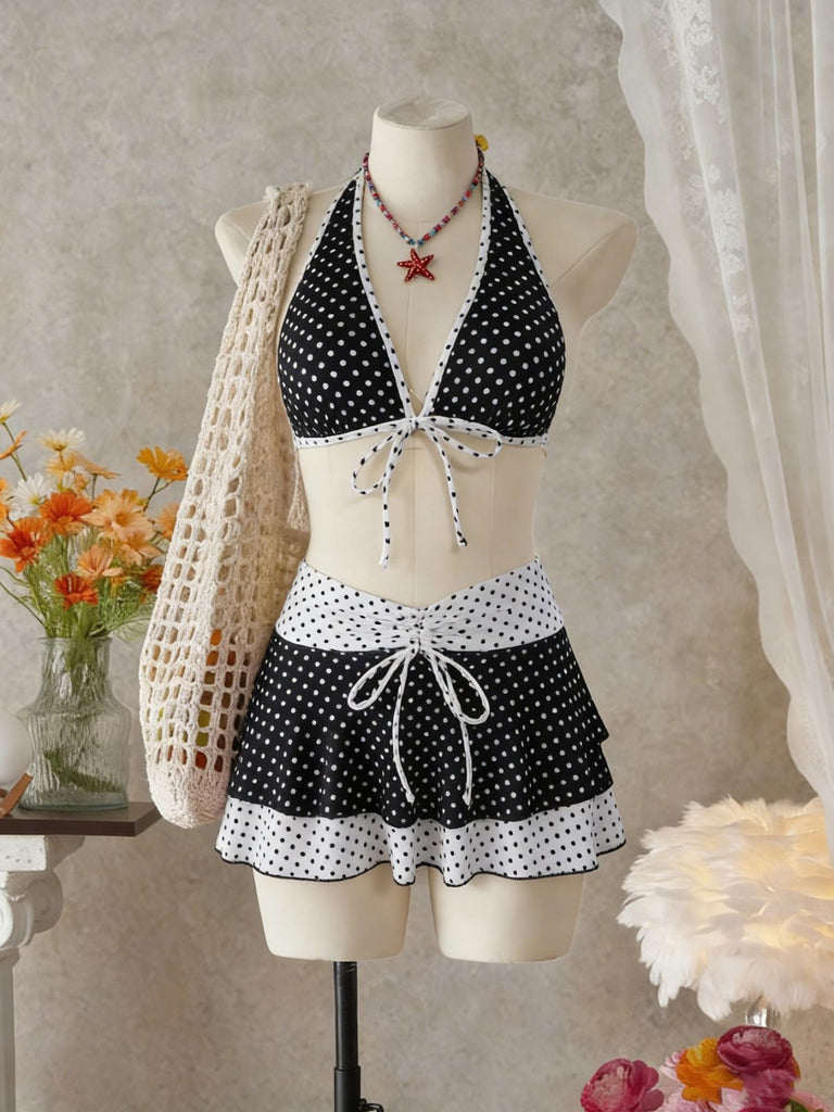 2-teiliges Schwarz 1940er Polka Dot Neckholder Bikini-Set & Überwurf