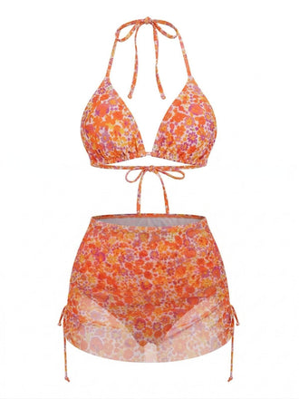 Orange 70er Bikini-Set & Cover-Up mit Neckholder und Blumen