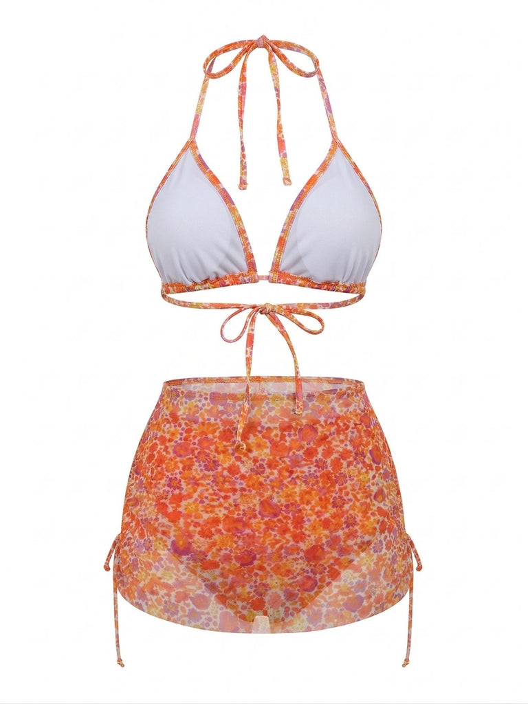Orange 70er Bikini-Set & Cover-Up mit Neckholder und Blumen