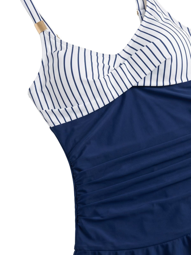 Blauer 40er Badeanzug mit gerafft und Streifen