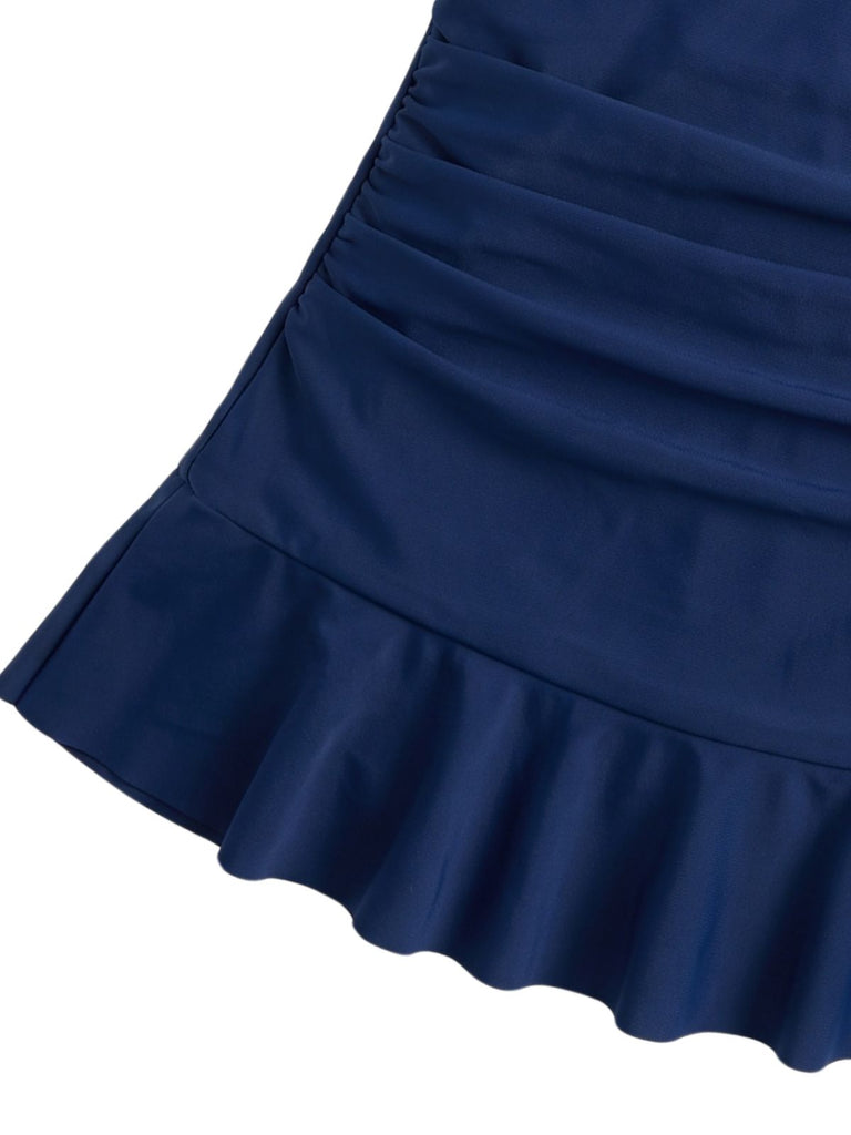 Blauer 40er Badeanzug mit gerafft und Streifen