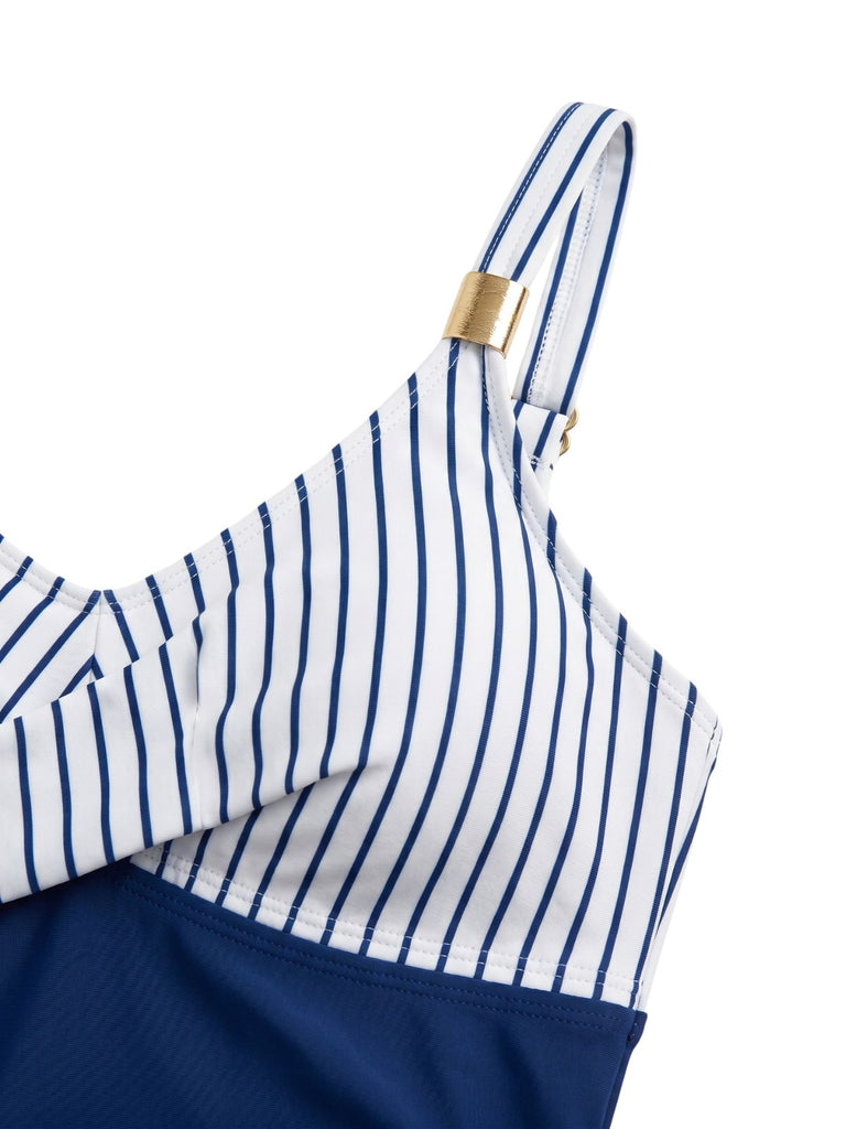 Blauer 40er Badeanzug mit gerafft und Streifen