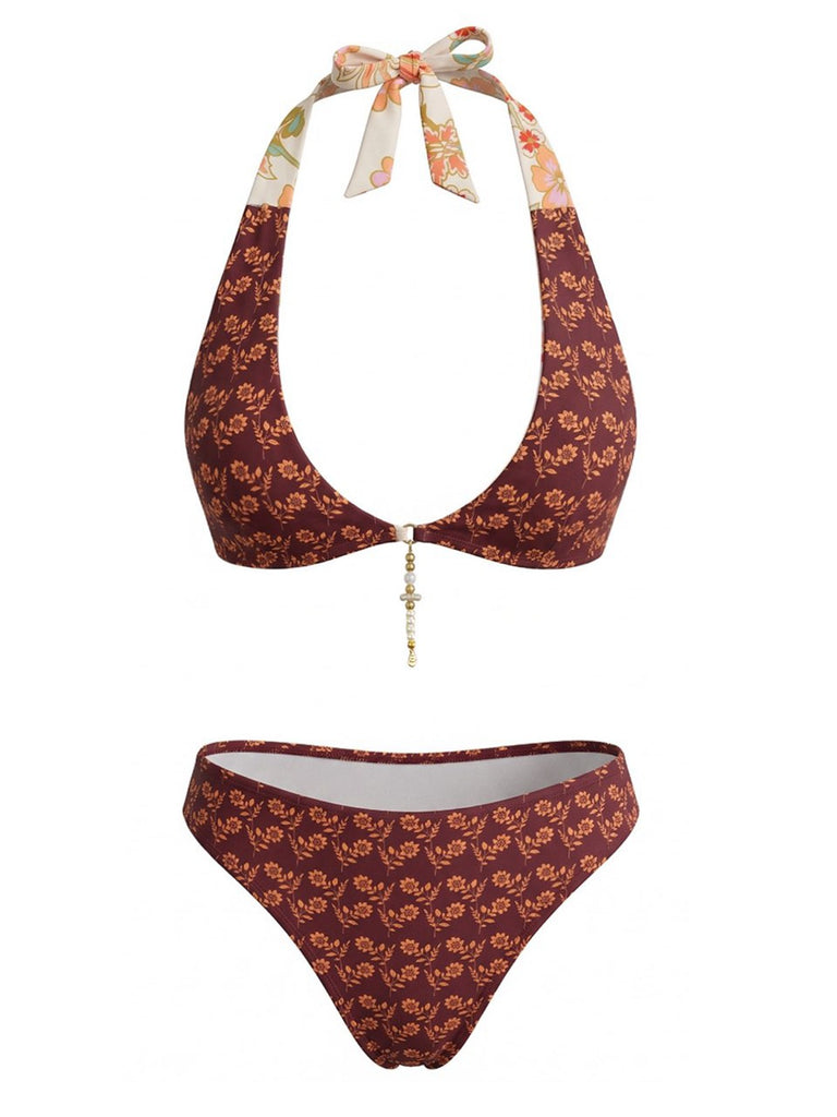 Braunes 40er Wendbares Bikini-Set mit Blumen und Neckholder