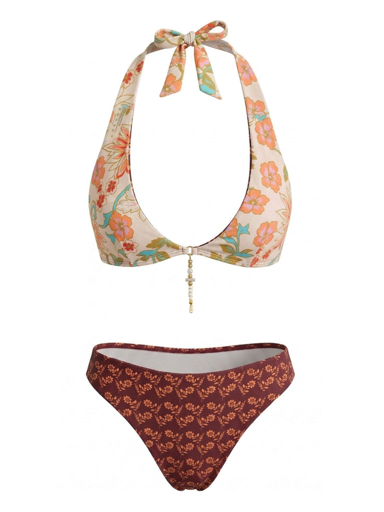 Braunes 40er Wendbares Bikini-Set mit Blumen und Neckholder