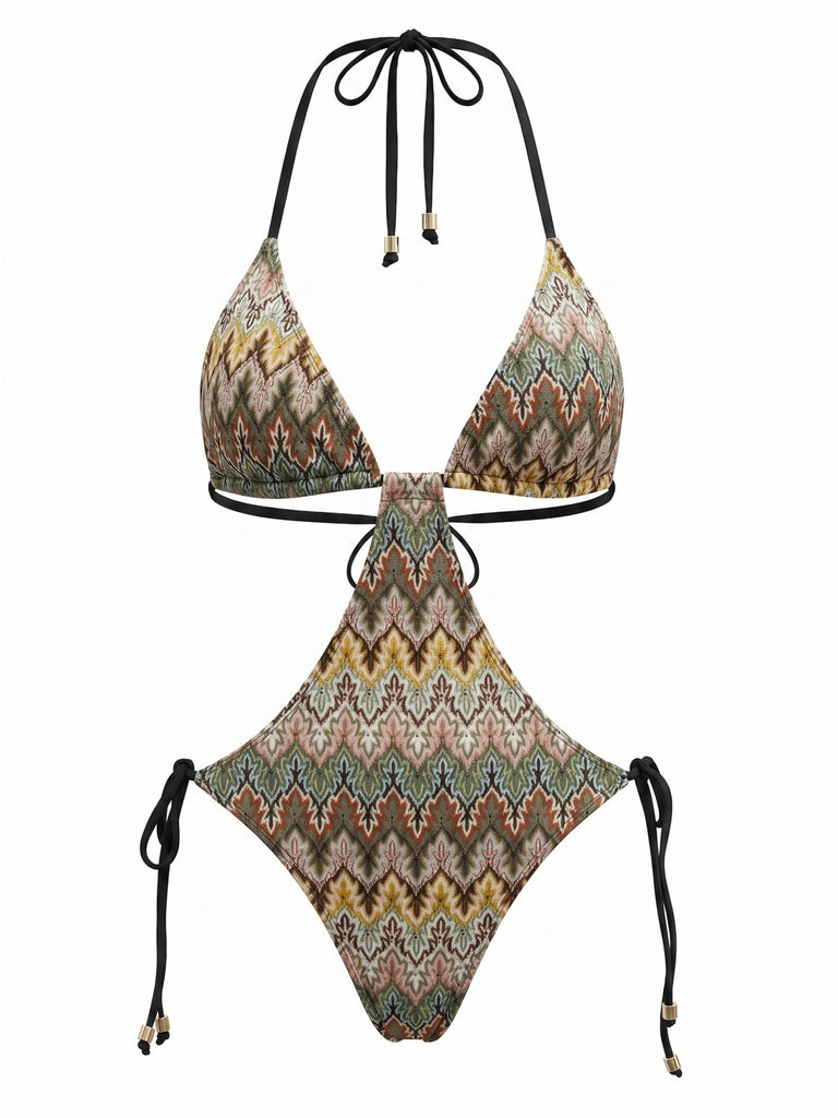 Brauner 70er Boho geraffter Badeanzug mit Chevron-Print