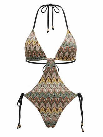 Brauner 70er Boho geraffter Badeanzug mit Chevron-Print