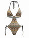 Brauner 70er Boho geraffter Badeanzug mit Chevron-Print