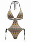 Brauner 70er Boho geraffter Badeanzug mit Chevron-Print