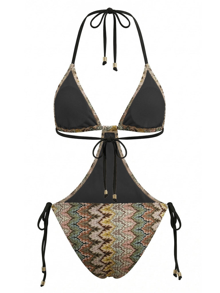 Brauner 70er Boho geraffter Badeanzug mit Chevron-Print