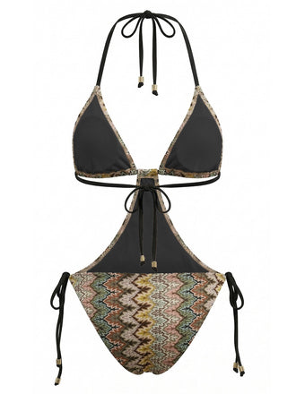 Brauner 70er Boho geraffter Badeanzug mit Chevron-Print