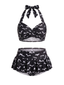 [Vorverkauf] Schwarzes 60er Bikini-Set mit Fledermaus-Print und Herzausschnitt