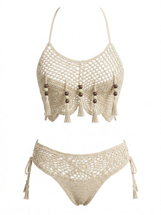 70er Bikini-Set mit Häkelarbeit und Quaste
